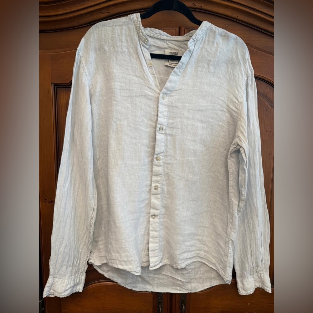 Pull&Bear Linen Shirt in Light Gray